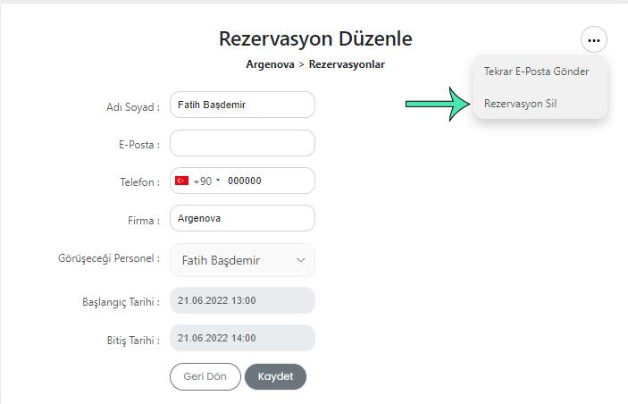 Gir-in rezervasyonlu ziyaretçi bilgileri düzenleme ekranı